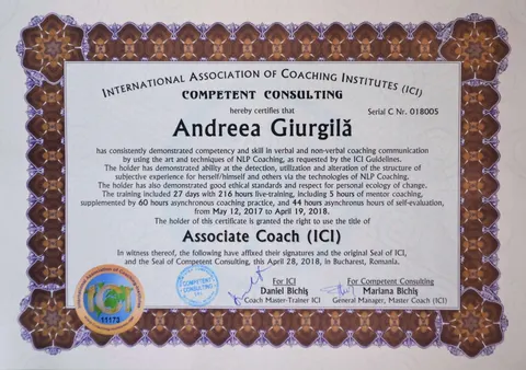 Diploma Associate Coach (ICI) a Andreei Giurgilă, International Association of Coaching Institutes, Competent Consulting