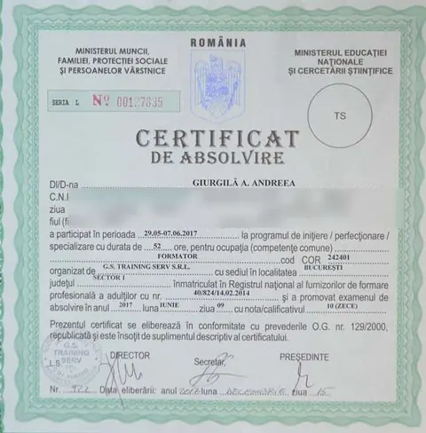 Certificatul de absolvire al Andreei Giurgilă pentru ocupația formator, G.S. Training Serv