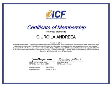 Certificatul de membru International Coach Federation (ICF) al Andreei Giurgilă