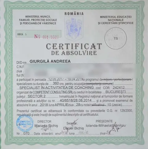 Certificatul de absolvire al Andreei Giurgilă pentru ocupația specialist în activitatea de coaching, Competent Consulting
