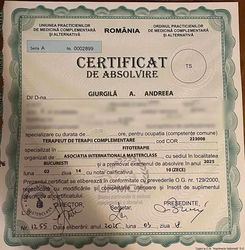 Certificatul de absolvire al Andreei Giurgilă pentru ocupația terapeut de terapii complementare, fitoterapie