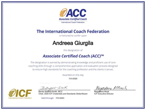 Diploma Associate Certified Coach (ACC) acordată Andreei Giurgilă de International Coach Federation