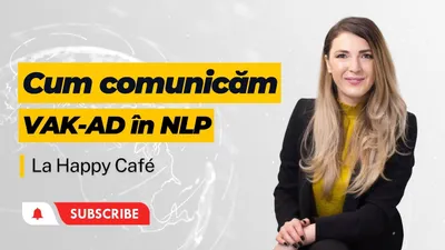 Andreea Giurgilă în sacou negru, cu titlul „Cum comunicăm – VAK-AD în NLP”, la Happy Café
