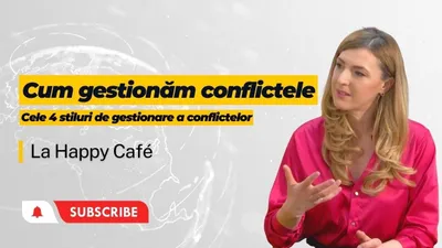 Andreea Giurgilă în cămașă roz, cu titlul „Cum gestionezi conflictele – cele 4 stiluri de gestionare a conflictelor”, la Happy Café