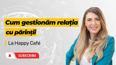 Andreea Giurgilă în sacou turcoaz, cu titlul „Cum gestionăm relația cu părinții”, la Happy Café