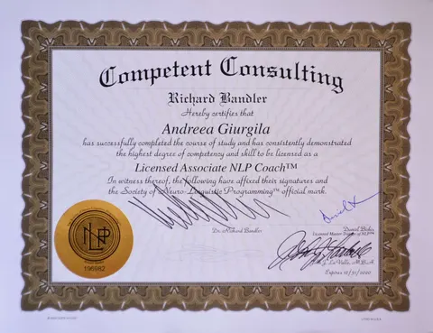 Diploma Licensed Associate NLP Coach a Andreei Giurgilă, semnată de Richard Bandler, Competent Consulting
