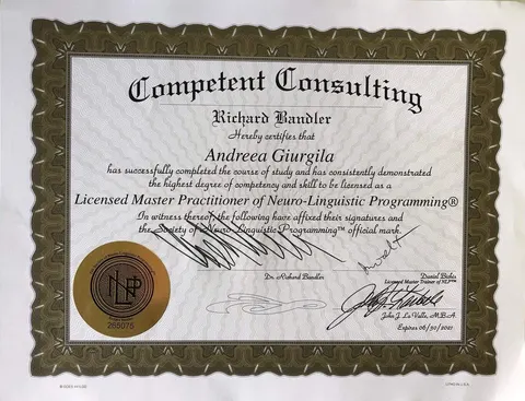 Diploma Licensed Master Practitioner of Neuro-Linguistic Programming a Andreei Giurgilă, semnată de Richard Bandler