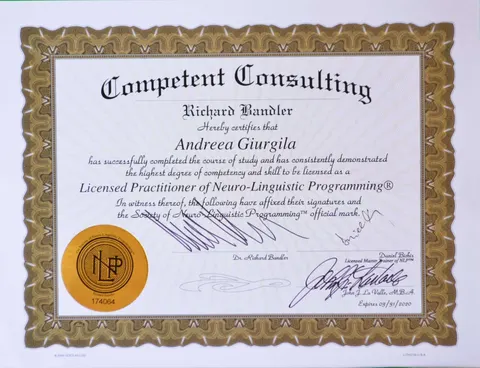 Diploma Licensed Practitioner of Neuro-Linguistic Programming a Andreei Giurgilă, semnată de Richard Bandler