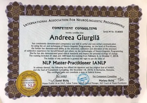 Diploma NLP Master-Practitioner IANLP a Andreei Giurgilă, International Association for NeuroLinguistic Programming