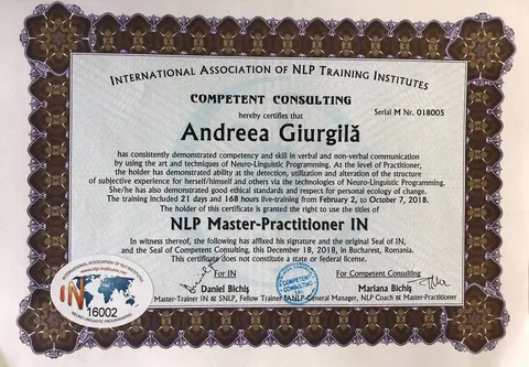 Diploma NLP Master-Practitioner IN a Andreei Giurgilă, International Association of NLP Training Institutes