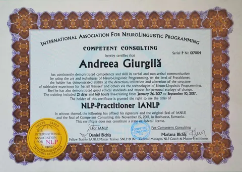 Diploma NLP Practitioner IANLP a Andreei Giurgilă, International Association for NeuroLinguistic Programming