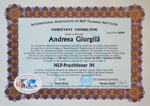 Diploma NLP Practitioner IN a Andreei Giurgilă, International Association of NLP Training Institutes