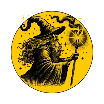 Un magician bătrân cu pălărie înaltă și toiag luminos, printre stele, desenat în negru pe un cerc auriu