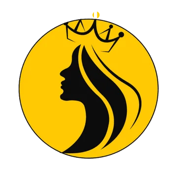 Silueta din profil a unei femei cu părul lung și o coroană, în negru pe un cerc auriu
