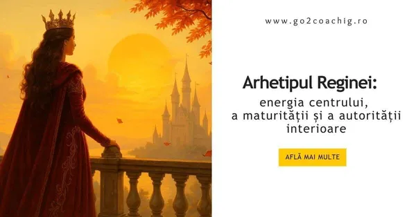 Regină cu coroană privind spre un castel în lumina aurie, coperta articolului despre arhetipul Reginei