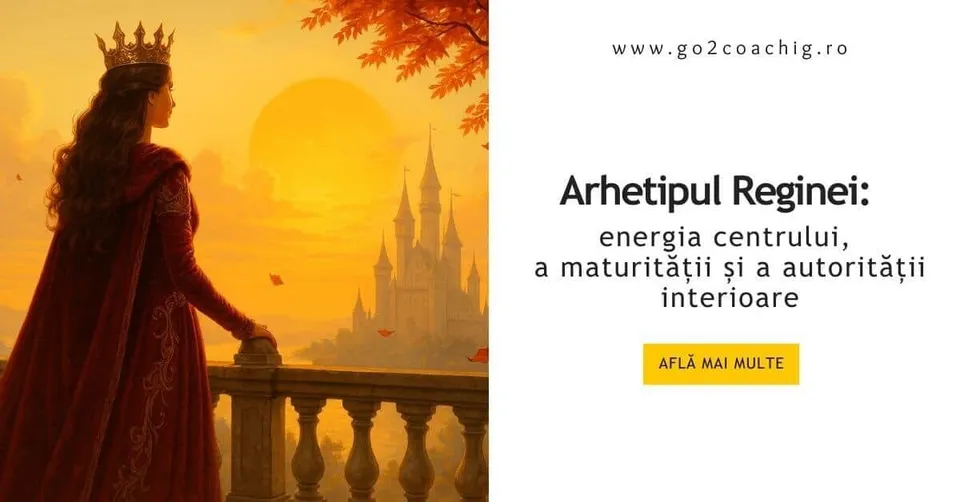 Regină cu coroană privind spre un castel în lumina aurie, coperta articolului despre arhetipul Reginei