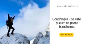 Femeie cu brațele ridicate pe un vârf de munte înzăpezit, coperta articolului despre coaching