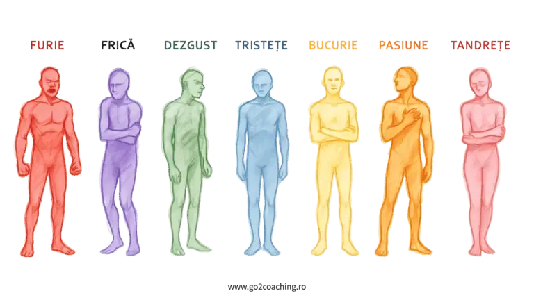 Șapte siluete colorate, fiecare cu postura unei emoții: furie, frică, dezgust, tristețe, bucurie, pasiune, tandrețe