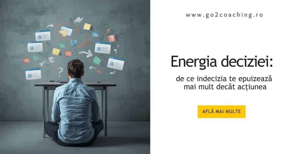 Bărbat confuz privind opțiuni multiple pe perete, simbolizând indecizia și energia deciziei consumată.