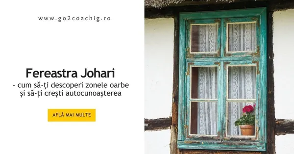 Fereastra Johari: Arena, Punctul orb, Masca și Umbra – ghid pas cu pas: Modelul Fereastra Johari (Johari Window) cu cele patru zone ale autocunoașterii.