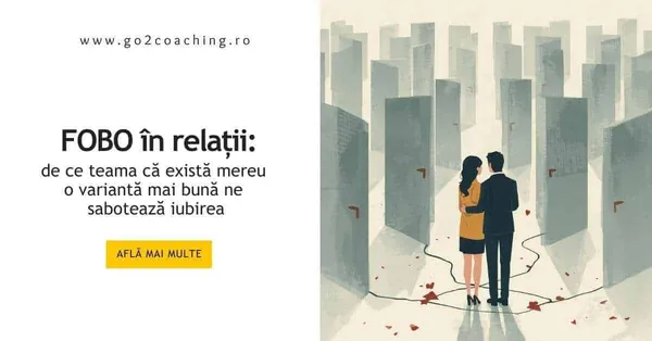 Cuplu într-un labirint de uși deschise, simbol al indeciziei în relații și al FOBO în iubire – coaching relațional