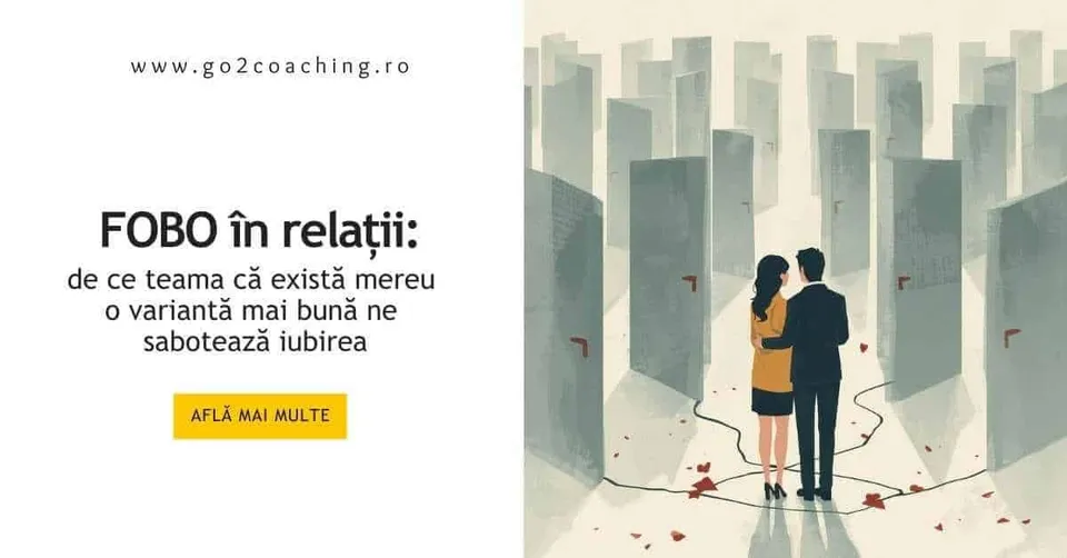 Cuplu într-un labirint de uși deschise, simbol al indeciziei în relații și al FOBO în iubire – coaching relațional