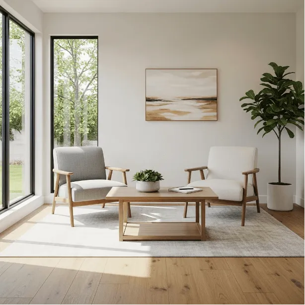 Spațiu minimalist pentru ședințe: două fotolii din lemn, măsuță joasă, tablou și ferestre mari