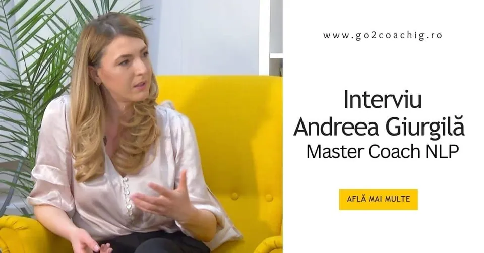 Andreea Giurgilă, Master Coach NLP, vorbind pe un fotoliu galben, coperta interviului