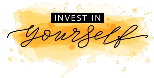 Grafică «Invest in yourself» pe acuarelă galbenă, lângă invitația la coaching pentru planificare