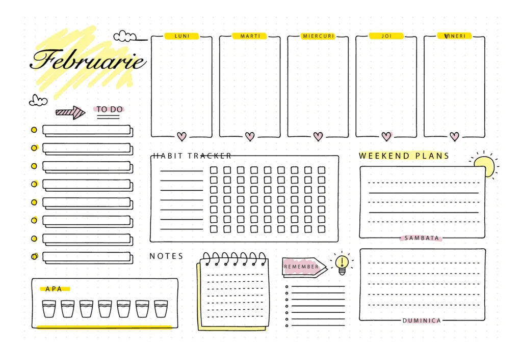 Pagină de Bullet Journal pentru februarie: zilele lucrătoare, to do, habit tracker, notițe, weekend
