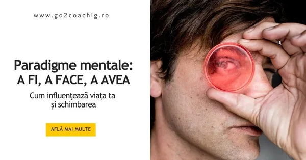 Bărbat care privește printr-un disc roșu transparent, coperta articolului despre paradigme mentale