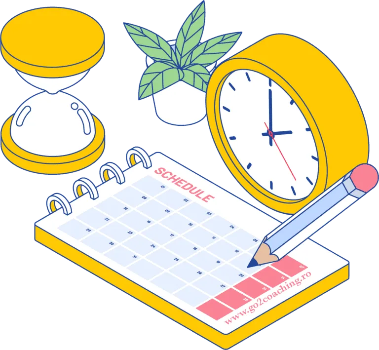 Planificare pe hârtie: calendar cu spirală notat cu creionul, lângă un ceas și o clepsidră