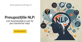 Ilustrație cu silueta unui cap, creier colorat și simboluri cognitive, reprezentând presupozițiile NLP și transformarea personală