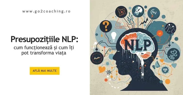 Ilustrație cu silueta unui cap, creier colorat și simboluri cognitive, reprezentând presupozițiile NLP și transformarea personală