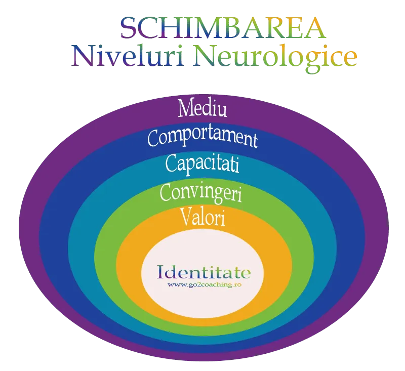 Diagramă «Schimbarea – Niveluri neurologice»: cercuri concentrice, de la mediu spre identitatea din centru