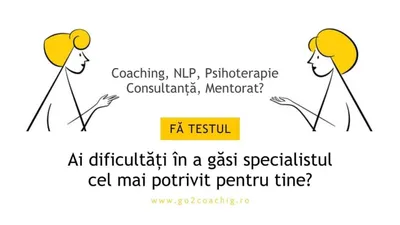 Ilustrație cu două femei care se întreabă „Coaching, NLP, psihoterapie, consultanță, mentorat?” și textul „Ai dificultăți în a găsi specialistul cel mai potrivit pentru tine?”