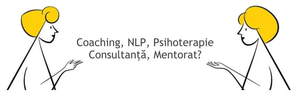 Ilustrație cu două femei care se întreabă una pe alta „Coaching, NLP, Psihoterapie, Consultanță, Mentorat?”