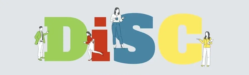 Literele mari colorate D, I, S, C, cu oameni mici în jurul și deasupra lor – stilurile comportamentale DISC