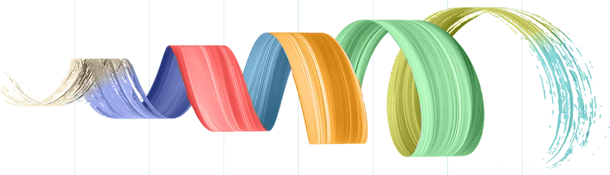 O panglică în spirală care își schimbă culoarea: bej, violet, roșu, albastru, portocaliu, verde, galben și turcoaz – etapele dinamicii în spirală