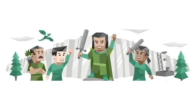 Ilustrație cu un grup de personaje în verde, cu săbii, între brazi – cele patru temperamente