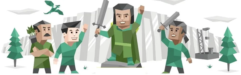 Patru personaje desenate din forme geometrice, în haine verzi, în fața unui castel: un arcaș cu brațele încrucișate, un tânăr care salută, un cavaler cu sabia ridicată pe o stâncă și o războinică cu sabia