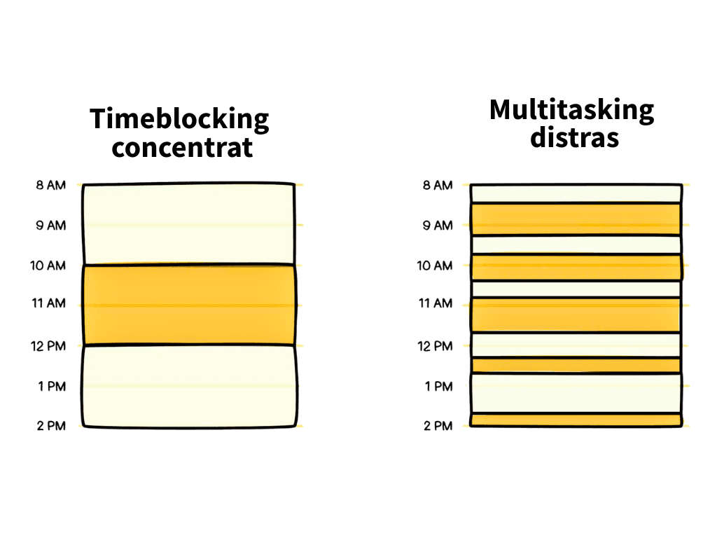 Infografic care compară timeblocking-ul concentrat cu multitaskingul distras – productivitate prin focus, nu fragmentare.