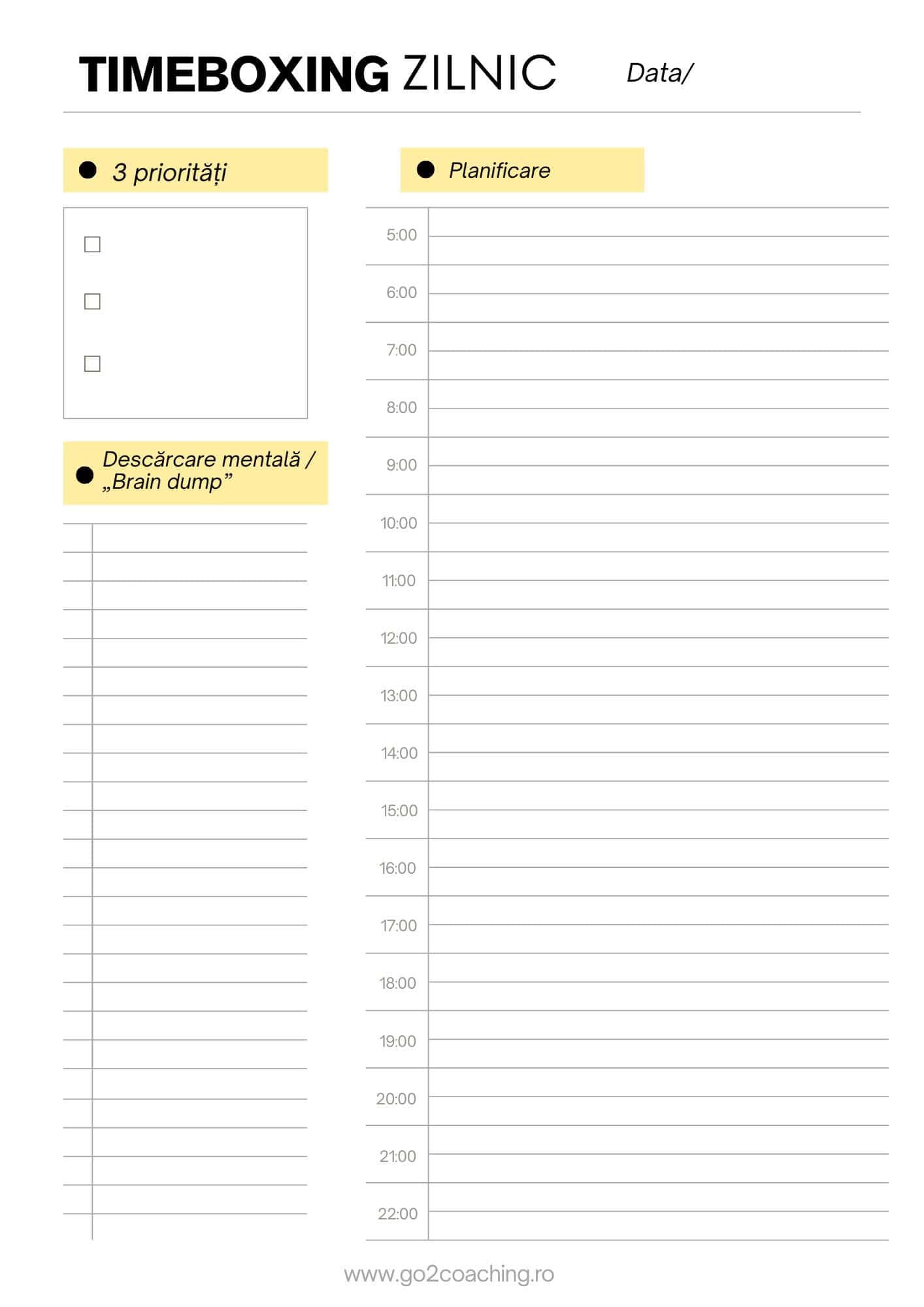 Planner zilnic de timeboxing cu secțiuni pentru priorități, descărcare mentală (brain dump) și planificare orară.