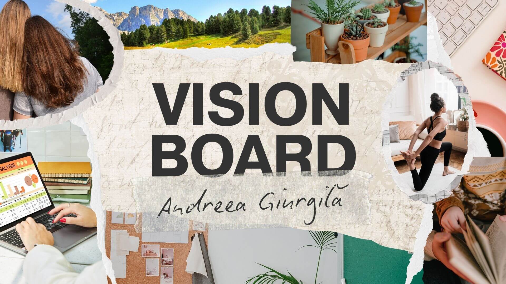 Colaj vision board cu obiective personale și profesionale, autocunoaștere și direcție în coaching și NLP