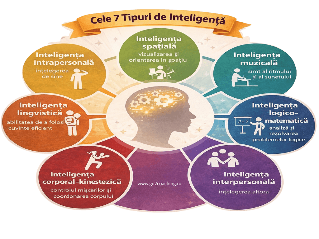 Cele 7 tipuri de inteligență conform lui Gardner: lingvistică, logico-matematică, spațială, muzicală, corporal-kinestezică, intrapersonală și interpersonală